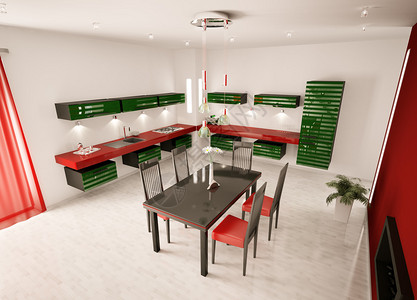 现代绿色红厨房内部的顶图片