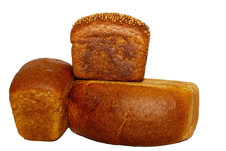 一条全麦和黑麦面包在白色图片