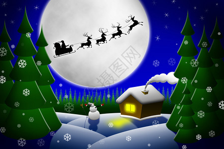 圣诞之夜说明圣诞老人和他的驯鹿骑着月图片