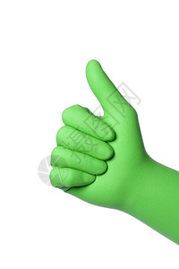 清洁手戴绿色橡胶手套在白色背图片