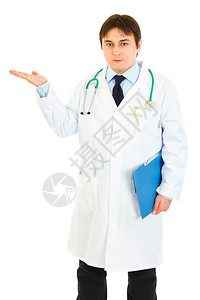 权威医生持有医疗病历并出示手持白纸图片