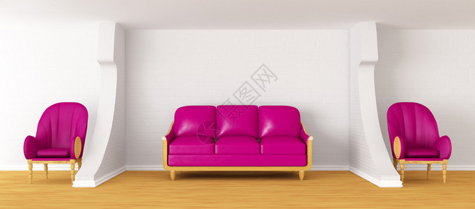 有紫色长沙发和椅子的客厅图片