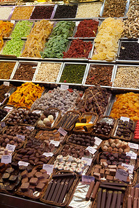 著名的LaBoqueria市场与坚果巧克力美味佳肴果冻和干果在2012年4日在西班牙巴塞罗那欧洲仍然存在的最古老的市场之一成立于背景图片