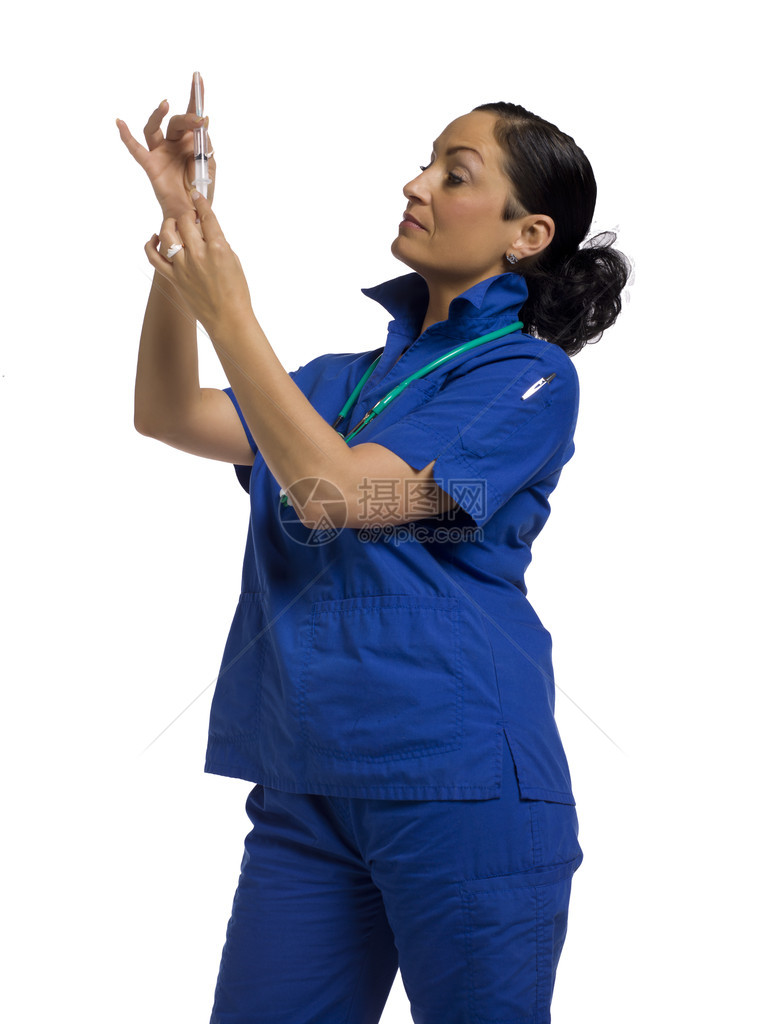 一名女护士用注射器抵挡白表图片