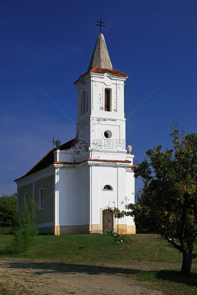 夏天大自然中的白色教堂图片