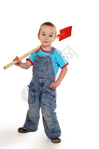 红色铲子的男孩园丁白色背图片