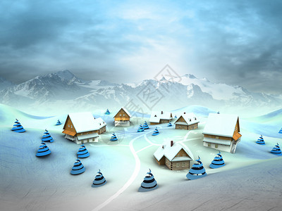 带高山地貌图示的冬季村庄环境High图片