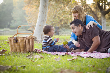 快乐的混的血民族家庭在公园里有野餐图片