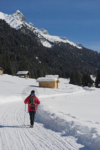 年轻男子徒步在雪地小径上在萨瓦尔高清图片