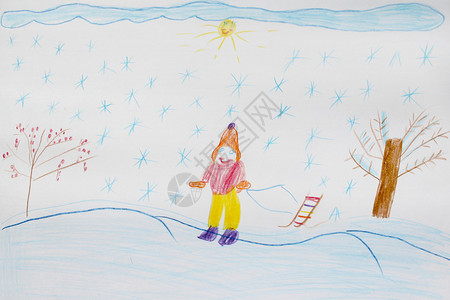 儿童在滑雪上站立的滑图片
