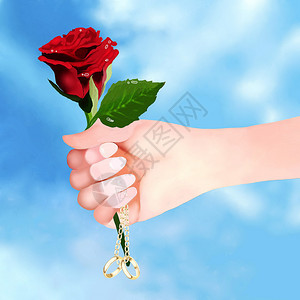 男子手持美丽的红玫瑰和订婚戒指求婚背景图片