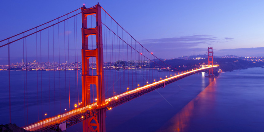 黄昏时分以旧金山市为背景的金门大桥图片