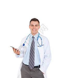 医生用听诊器微笑的医生持有计算机平板电脑触摸屏幕垫图片