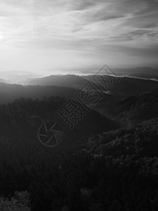 在波希米亚萨克森瑞士美丽的山日出砂岩山峰和小山从有雾的背景中增加第一缕阳背景图片