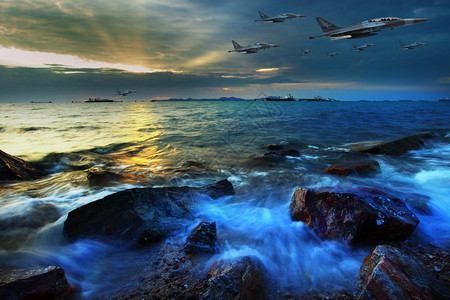 阴天的日出和飞机图片