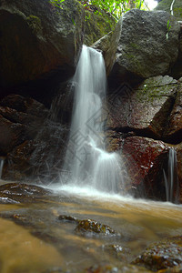 美丽的小瀑布流过森林的岩石上图片