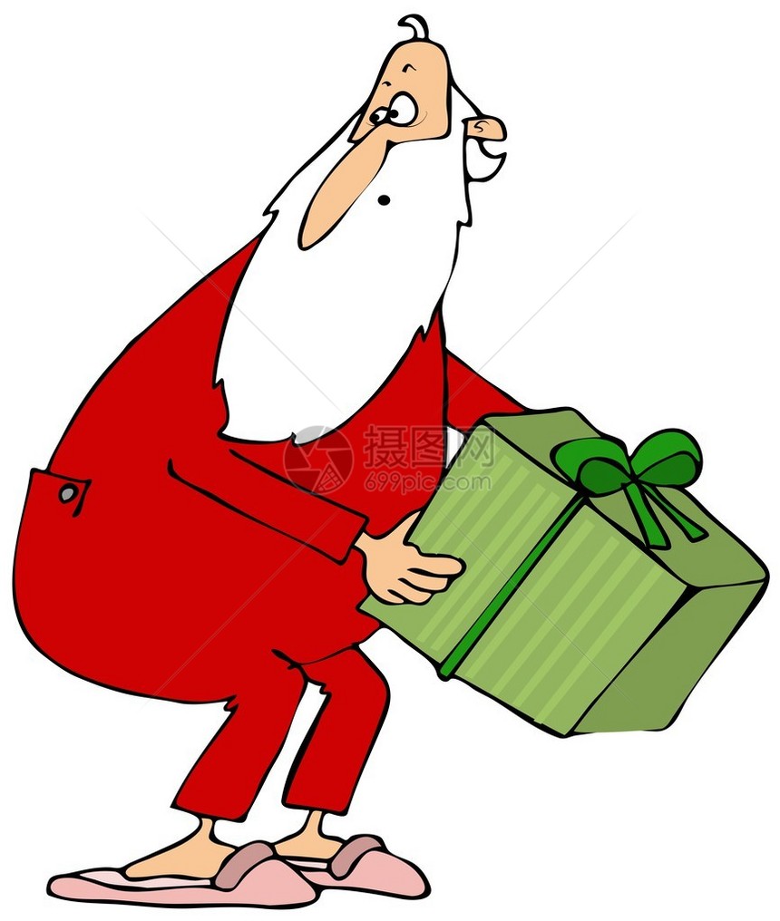 这个插图描绘了穿内衣的圣诞老人和拖鞋拿起一个图片