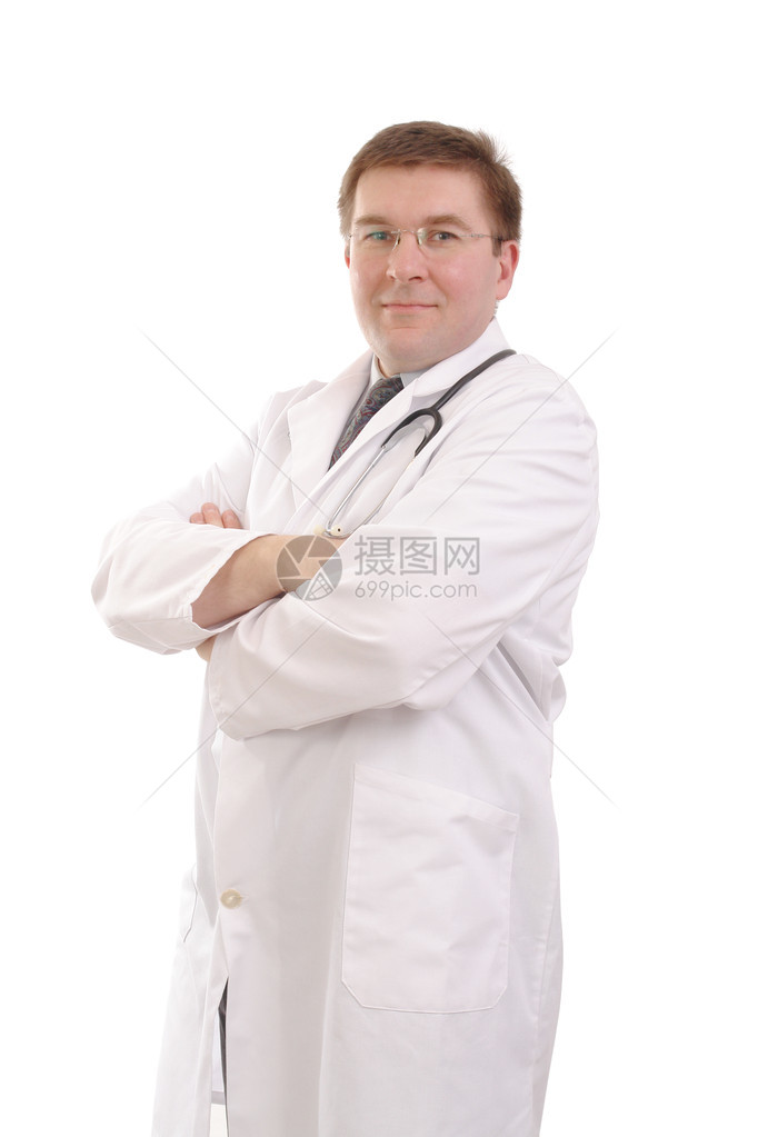 年轻医生在白色背景下用听诊器合影图片