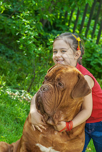 年轻微笑的女孩骑着一头大狗由French品种马斯蒂夫图片