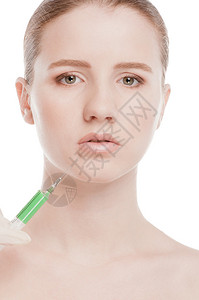 女面部注射肉毒杆菌毒素嘴唇区域被白色隔离图片