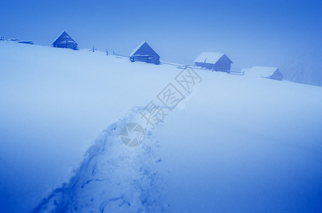 晚上风景雪中的轨迹山村冬季乌克兰图片