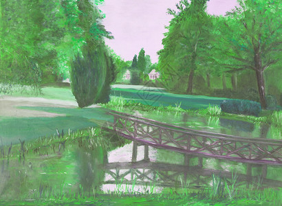 油画秋季森林池塘和在池塘图片