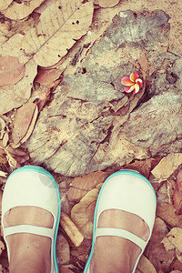 秋叶上穿鞋走路的女人图片
