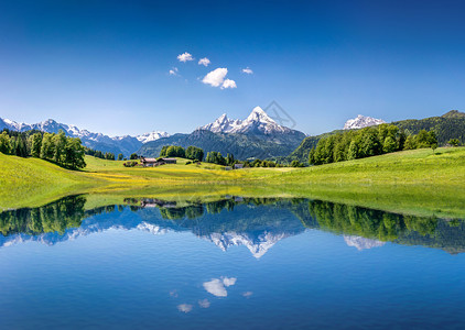 田园诗般的夏日风景与清除在阿尔卑斯山的高山湖泊高清图片