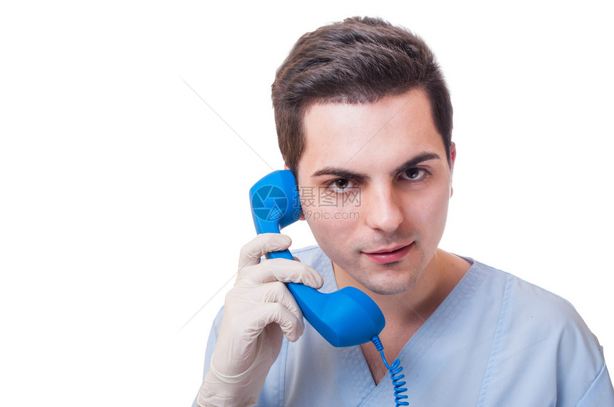 男医生用有线电话说联系白背图片