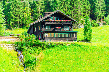 绿高山草原背景的木小屋奥图片