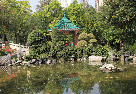 亭子和湖香港背景图片