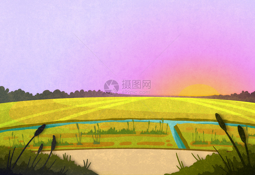 田地作物和日出时的河流卡通图片