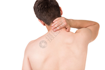 肌肉疼痛身体健壮的男人的肖像颈部疼痛在白色背图片