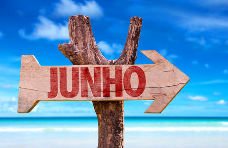 六月在葡萄牙木牌与海滩背景图片