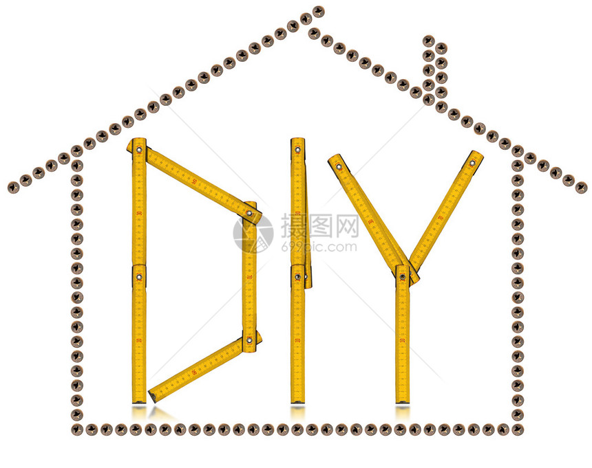 许多房子形状的螺丝和文字Diy形状的木尺图片