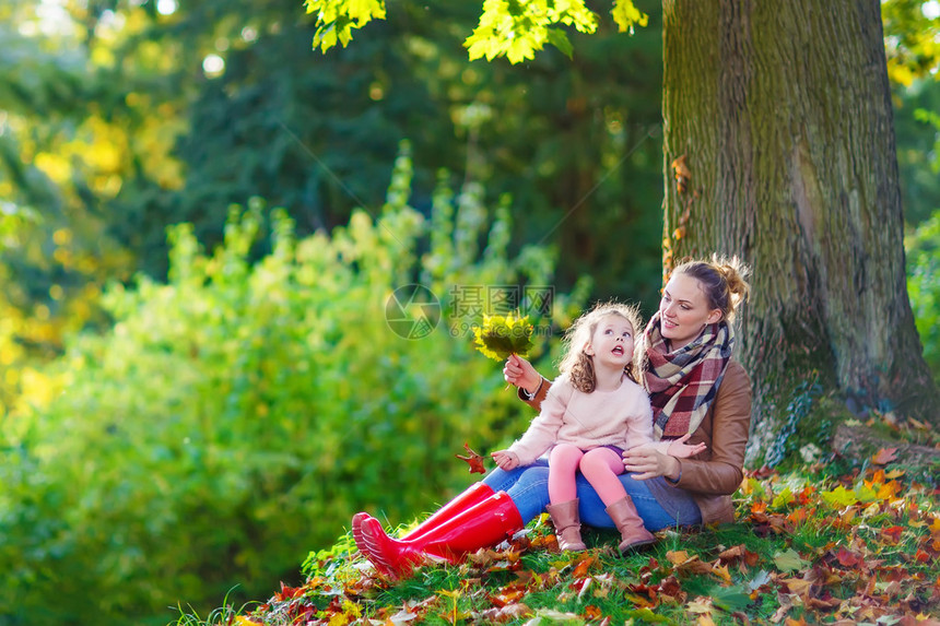 年轻母亲及其女儿在美丽的秋天公园玩黄色树叶的女婴和少女图片