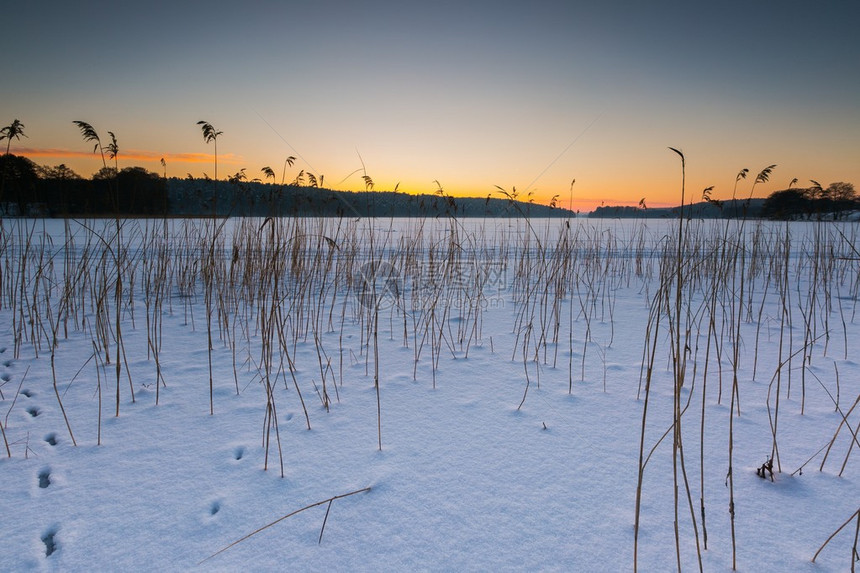 冰雪的湖上有日落的天空美丽的冬季风图片