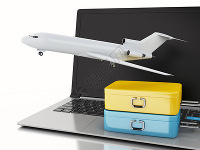 3d渲染器插图旅行手提箱和飞机在电脑键盘上在线预订航图片