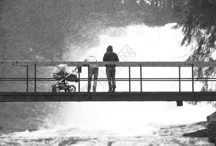 黑白虚线复古素描有婴儿的人在混乱的水面上的桥上小行人天桥下方有巨大的湍急水流怕水灾在森背景图片