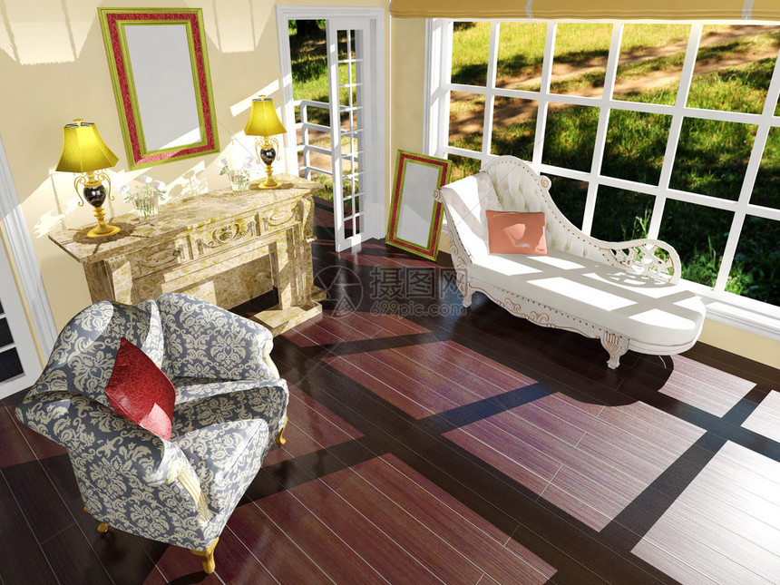 日光下的经典客厅室内装饰3D渲染图片