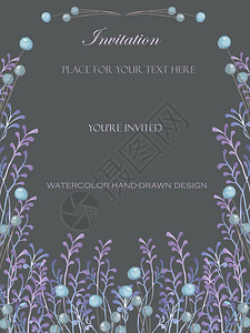 带有水彩蓝色浆果和紫罗兰色树枝的文字背景图片
