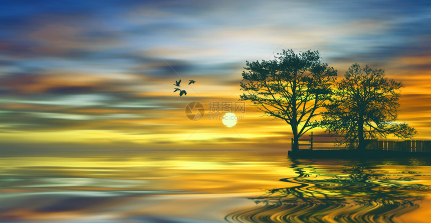 神秘湖落日自然景观背景图片