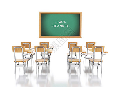 3d渲染器图像学校椅子和黑板与学习西班牙语教育理念孤图片