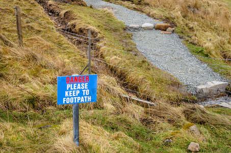 苏格兰高地沿山道的蓝色警告信号标志ScottishHig图片