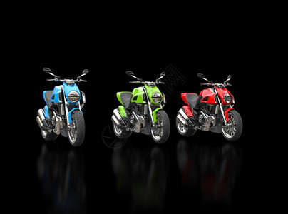 红色绿色和蓝色摩托车在黑色反图片