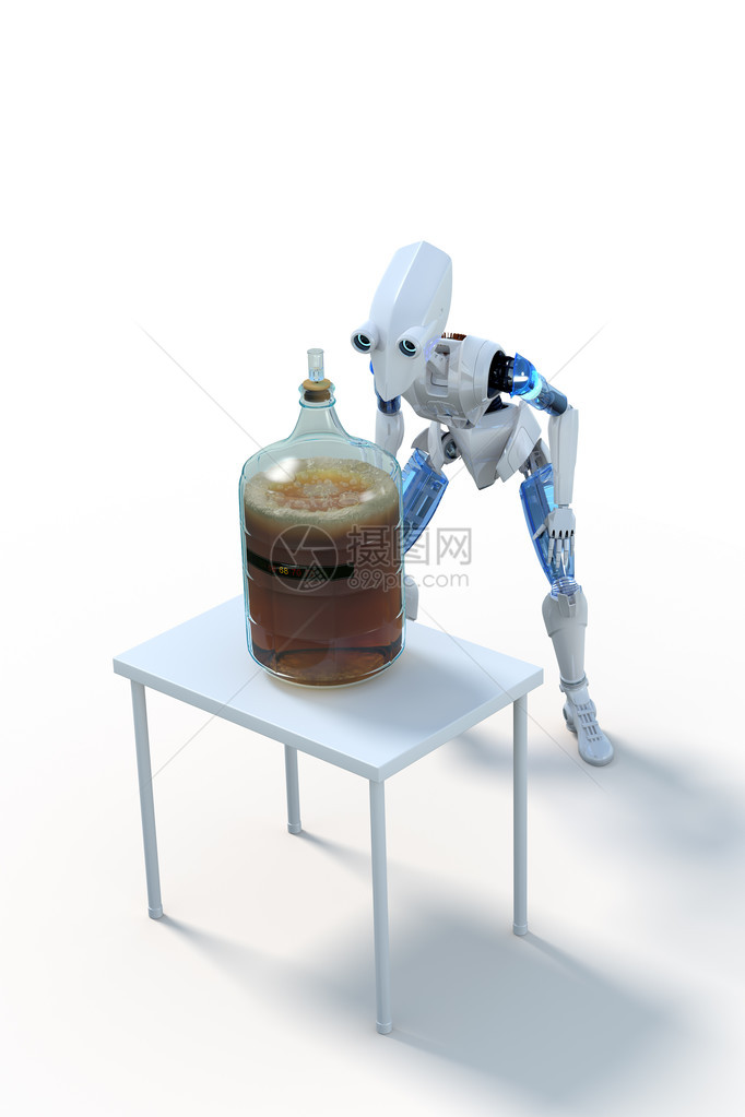 3D一个机器人和一个玻璃车男在白色背景的白色小桌子上发酵自图片