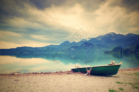 阿尔卑斯湖岸边弃置的捕鱼船桨图片