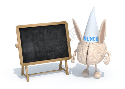 黑板前有耳朵和帽子的人脑3d插图图片