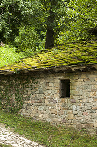 古老的乡村石头屋顶石板森林背景上绿苔图片