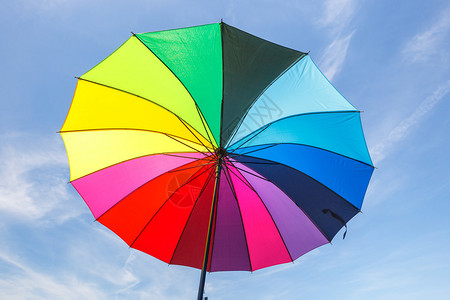 蓝色天空背景上彩虹伞的开图片